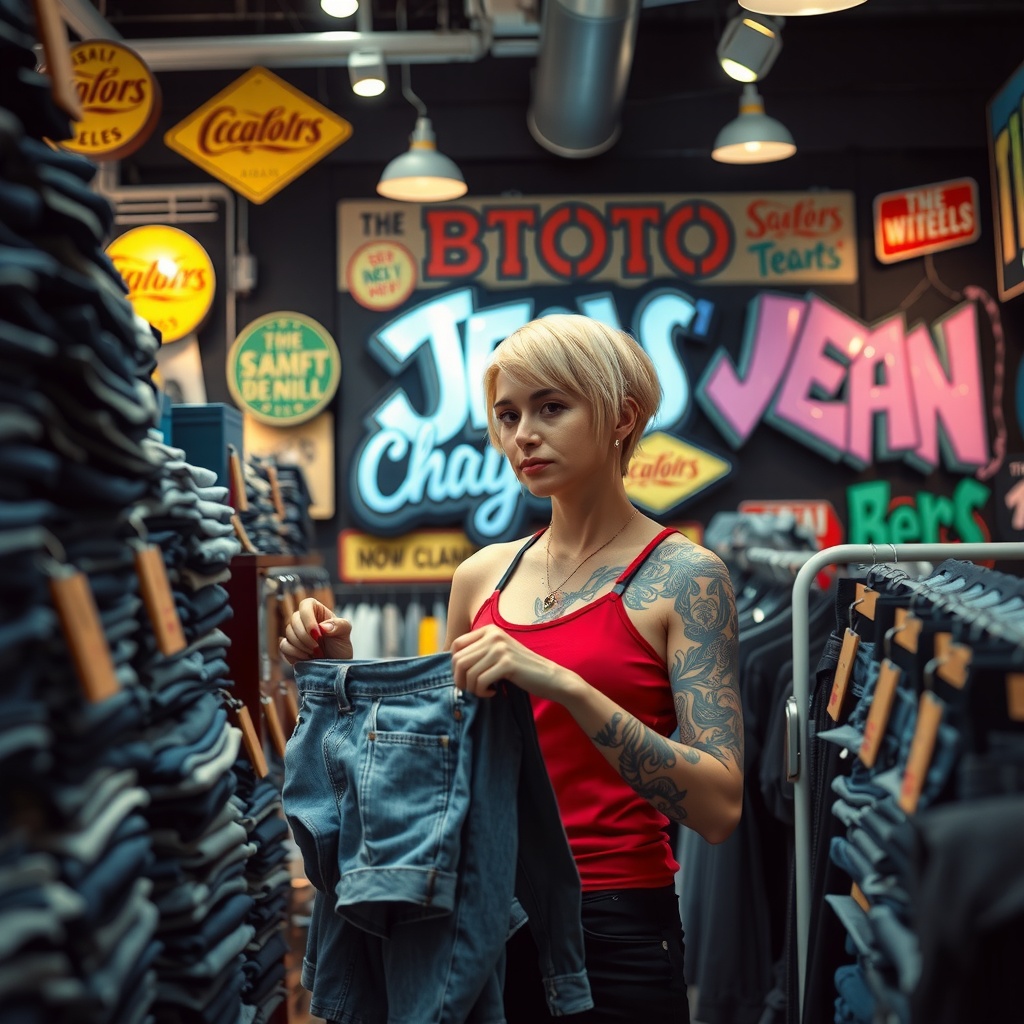 Junge Frau in Jeansshop – Farbberatung und Eigenfarben in Weinheim